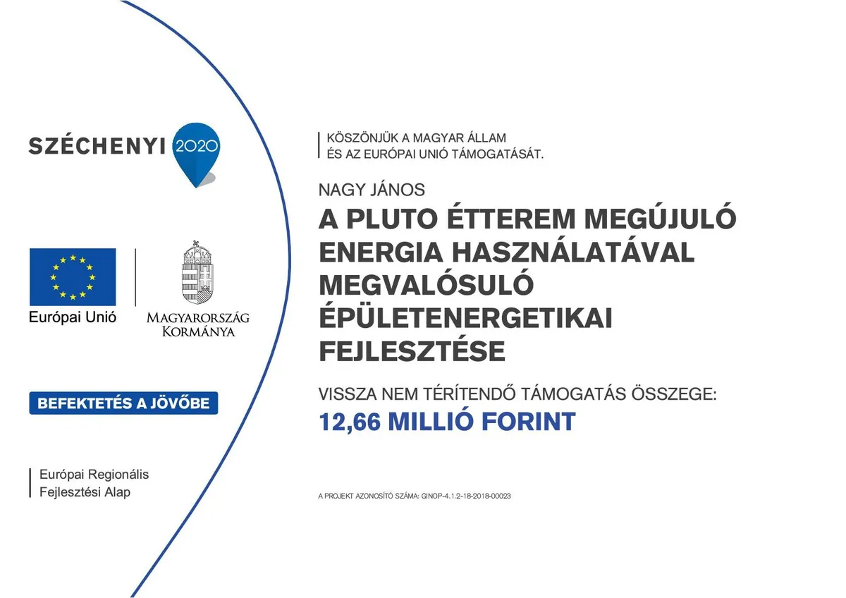 Tájékoztató tábla – GINOP-4.1.2-18-2018-00023 – A Pluto étterem megújuló energia használatával megvalósuló épületenergetikai fejlesztése – vissza nem térítendő támogatás összege: 12,66 millió forint